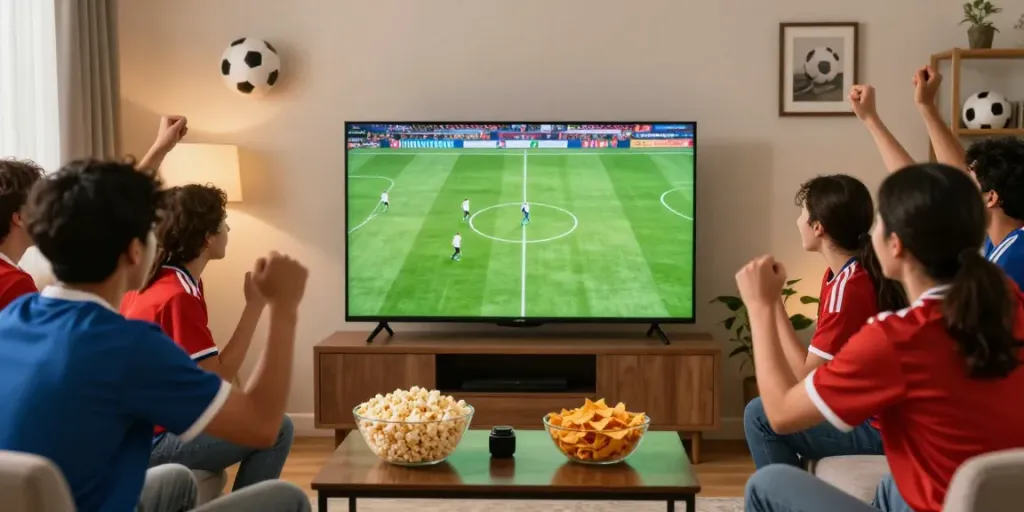 Excited fans watching a live football match on cà khại tv in a lively living room.