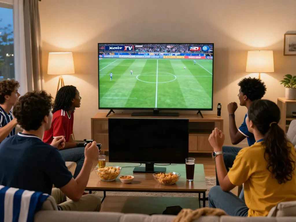 Friends enjoying a live football match on Xoilac TV in a cozy living room setting.