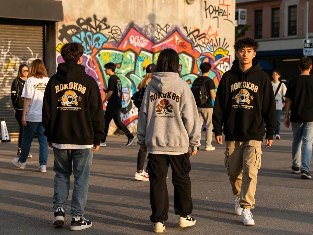 Stylish youth wearing ROKOK88 streetwear in vibrant urban setting.