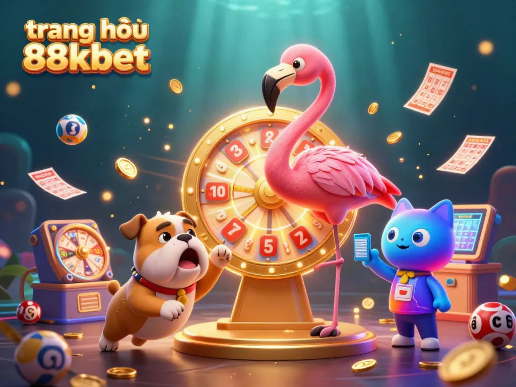 Engaging lottery scene with trang chủ 88kbet characters spinning a prize wheel and dynamic game elements.
