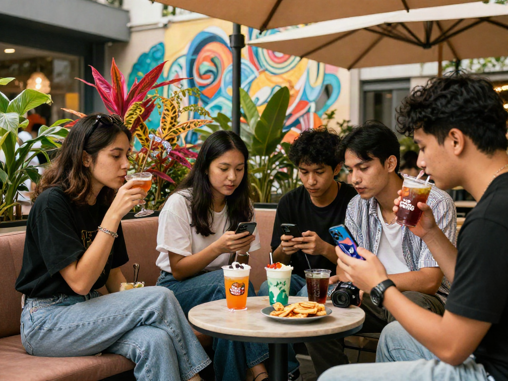 Friends enjoying urban café ambiance, discussing rokok88 offerings with drinks and trendy snacks in natural light