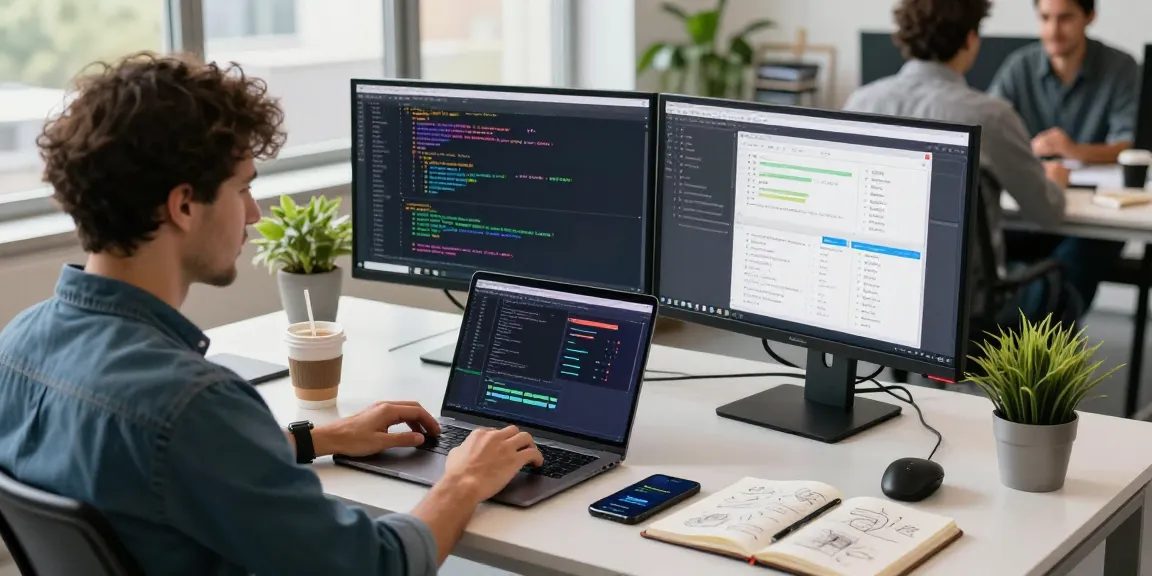 Focused developer at modern desk using laptop on WPS Official Website development project with analytics on monitors.