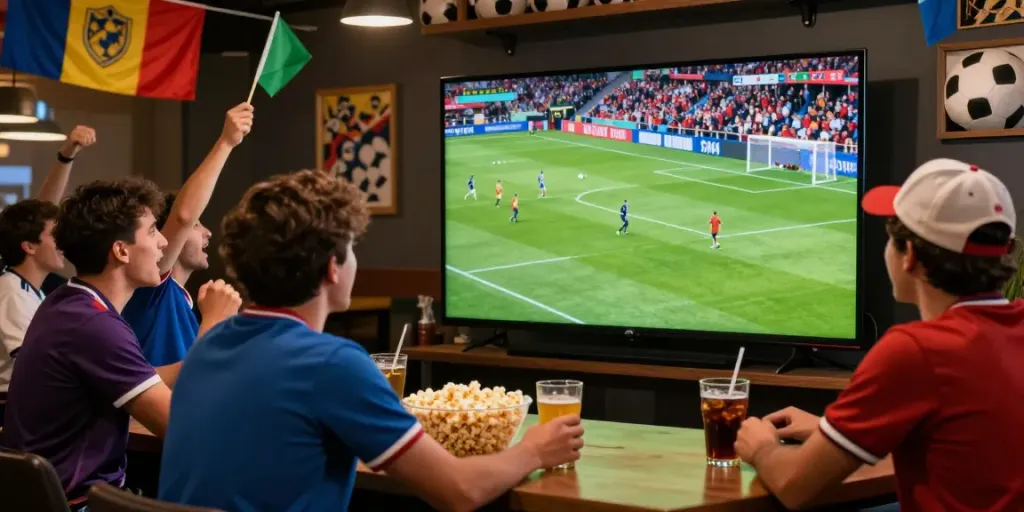 Cà khịa tv fans cheering in a vibrant sports bar, celebrating live soccer action.
