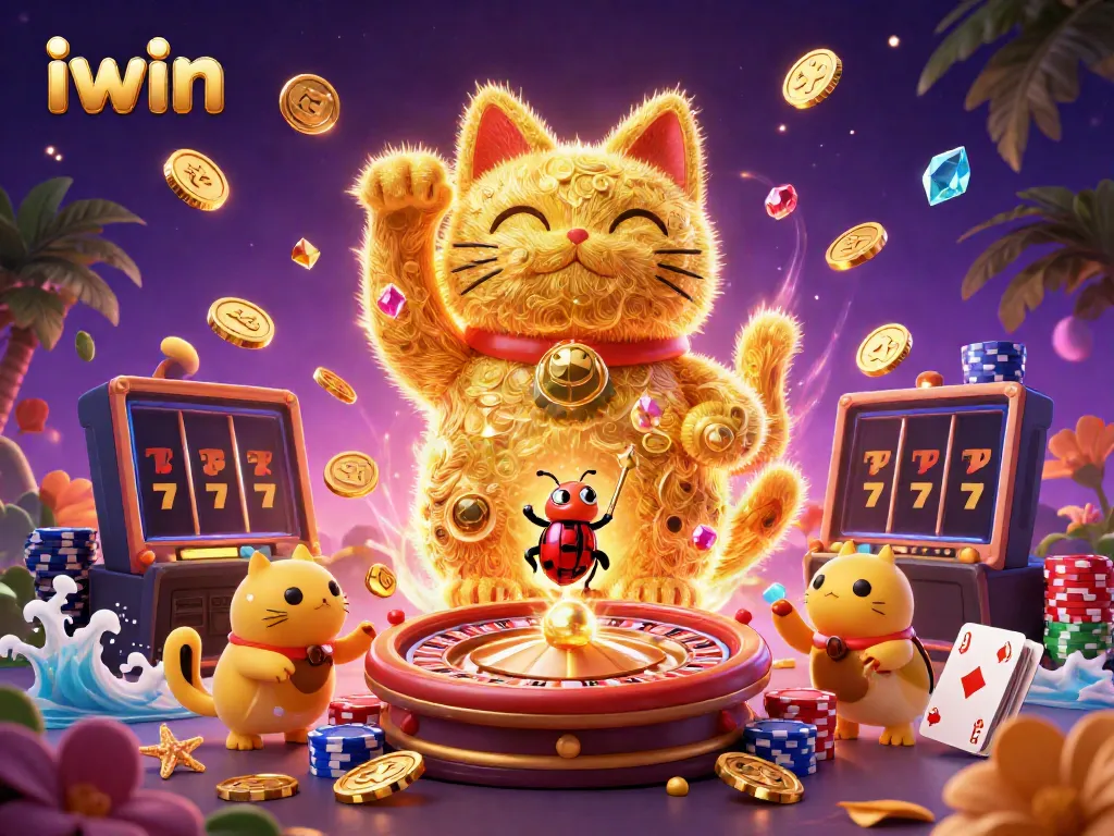 Engage in iwin casino gaming with vibrant visuals of casino symbols and a lucky cat illustration