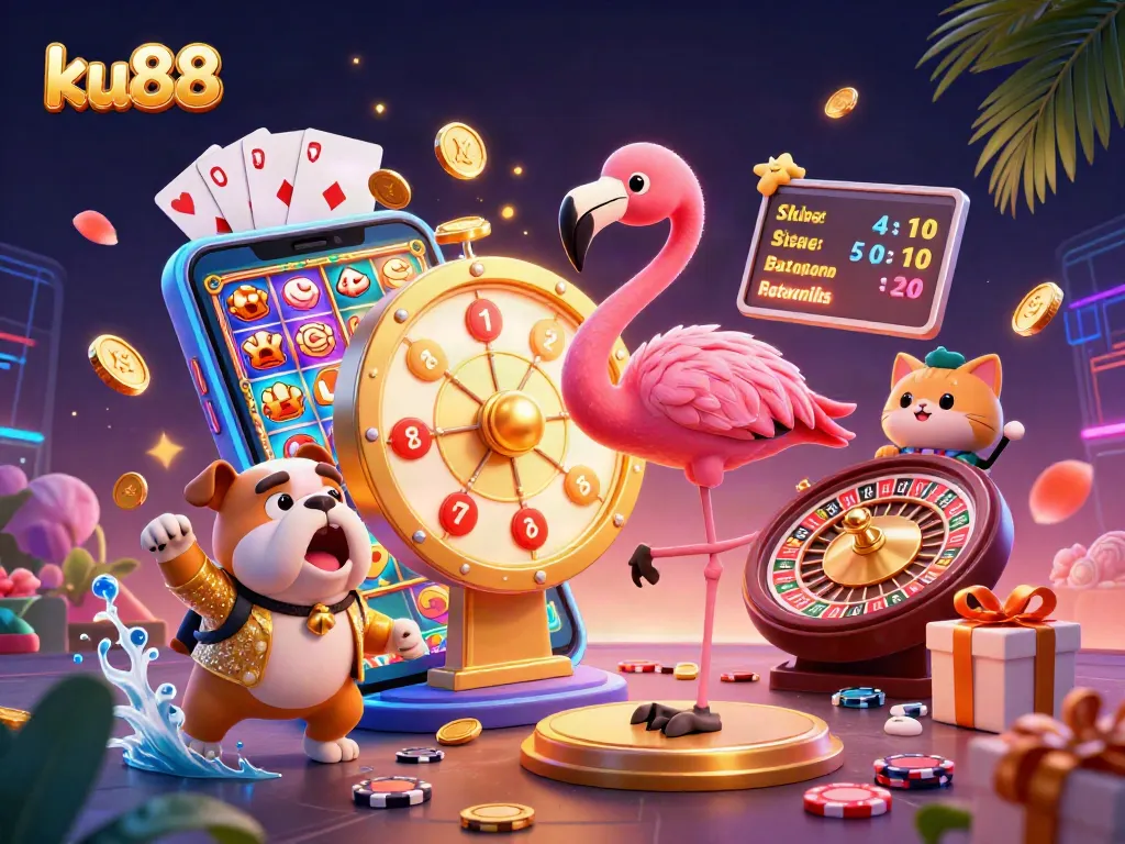 ku88 interactive casino experience with a game show host, excited bulldog, and vibrant gaming elements