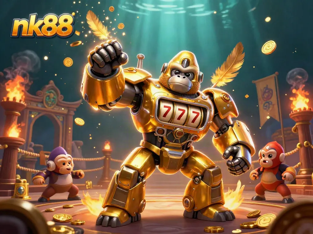 Join the excitement at nk88 with a thrilling 3D illustration of a golden gorilla mech winning in a vibrant casino