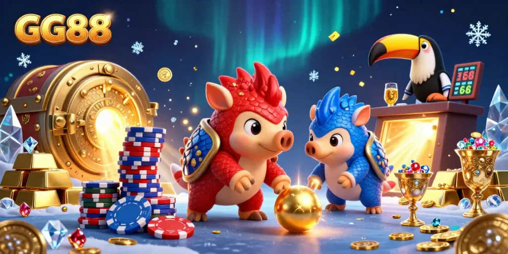 Experience GG88 with an action-packed illustration of rival pangolins bowling through poker chips amidst vibrant casino treasures.