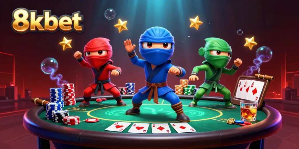 Experience thrilling gameplay action at 8kbet with ninja chameleons showcasing poker excitement amidst vibrant casino elements.