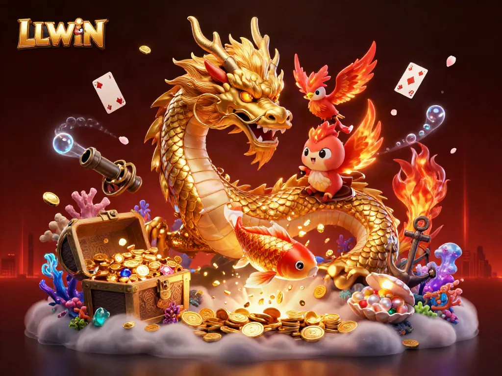 Experience the thrill of LLWIN with a vibrant 3D representation of a fierce dragon and phoenix amidst a cascade of coins.