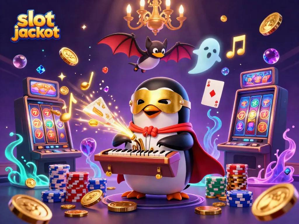 Experience thrilling slot jackpot excitement with a penguin organist and sparkling casino elements.