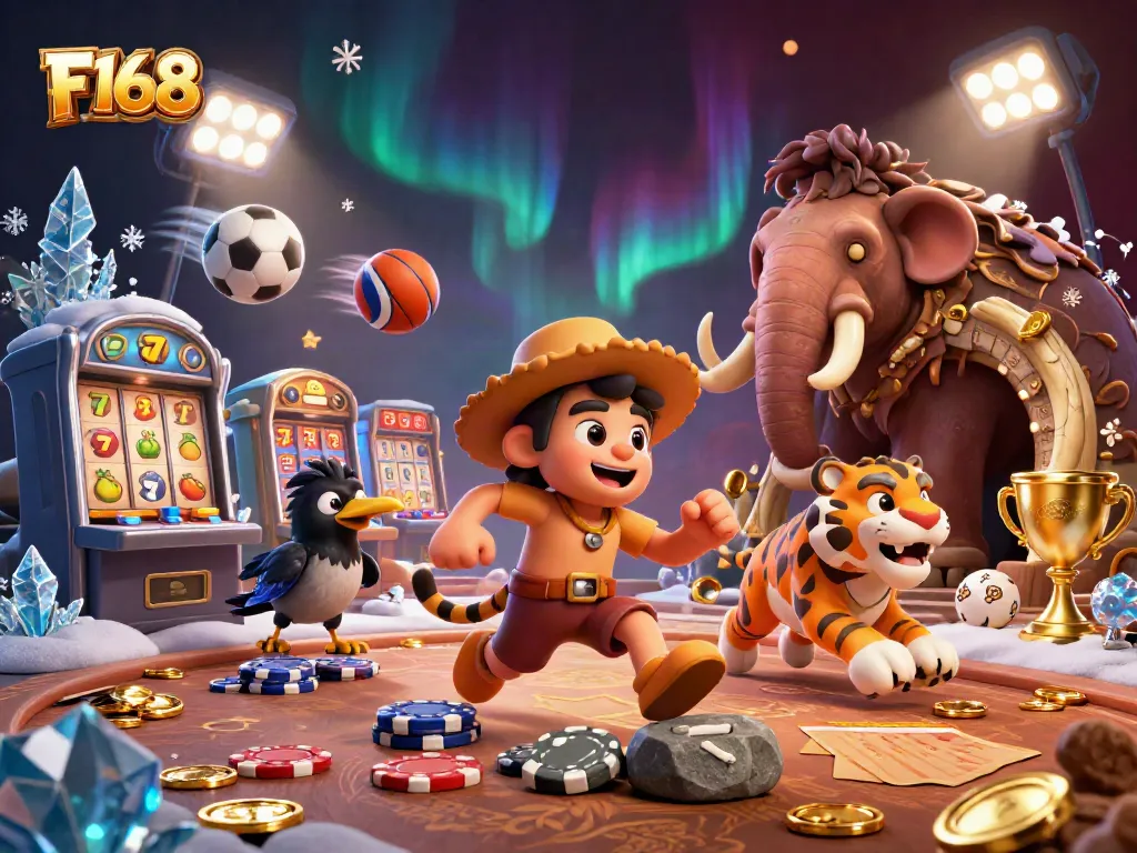 Engage with F168's lively casino scene where a caveman, sabertooth tiger, and crow create thrilling moments with slot machines and playful elements.