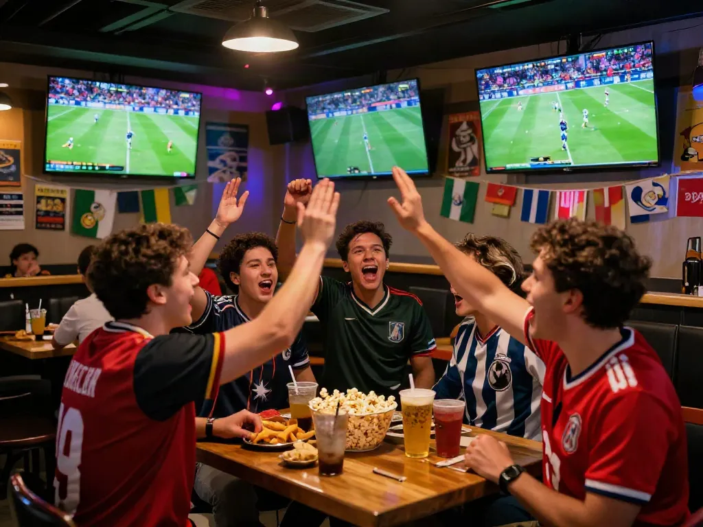 Fans celebrating at cà khịa tv during a live football match in a lively bar atmosphere.