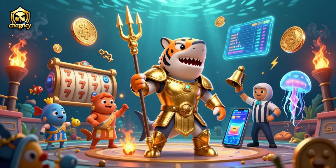 Join the excitement at chagency with this vibrant underwater casino scene featuring a trident-wielding shark.