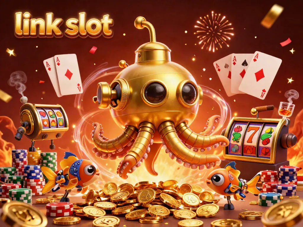 Engage in thrilling gaming action at link slot with vibrant slot symbols and a golden kraken submarine.