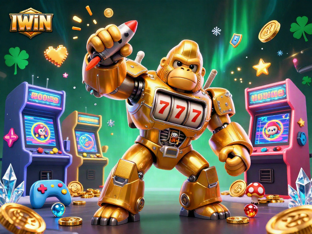 IWIN's engaging 3D illustration showcases a dynamic golden gorilla mech amidst lively casino-themed arcade elements.