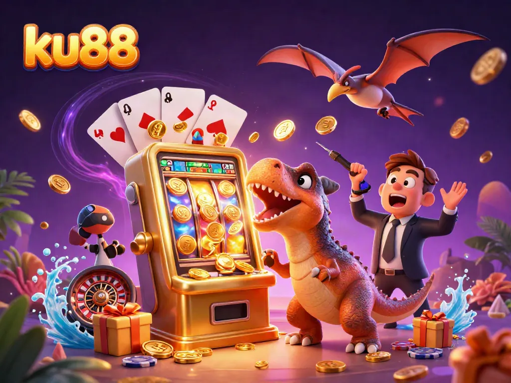 ku88 players enjoy a jackpot win as cartoon characters interact with dynamic casino elements