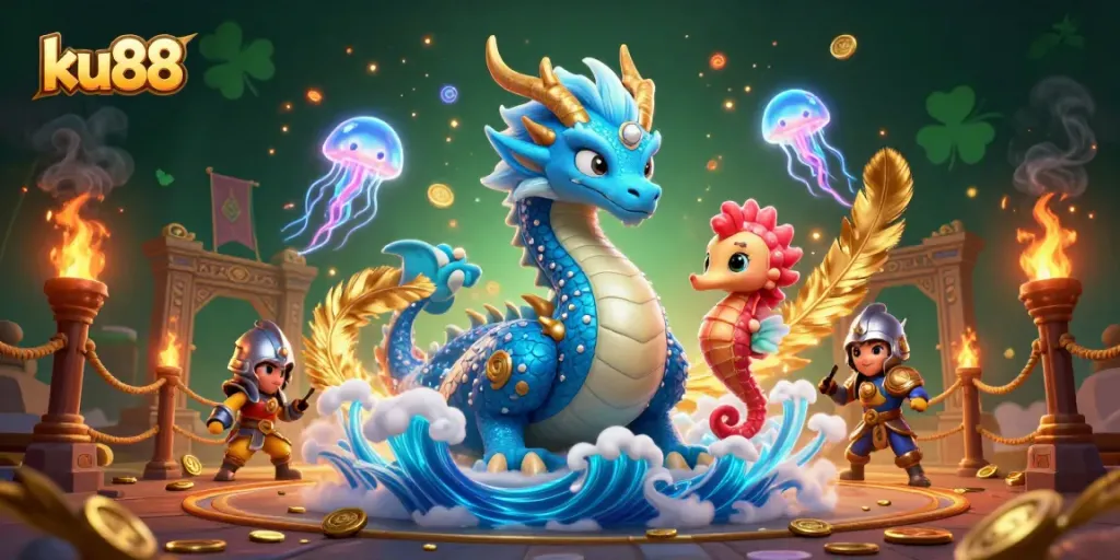ku88 engages players with vibrant casino action illustrated by a majestic water dragon and seahorse knight.