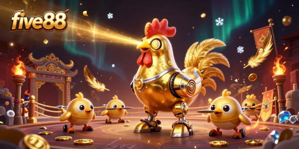 Experience the excitement of five88 with a vibrant illustration showcasing gambling elements and lively characters.