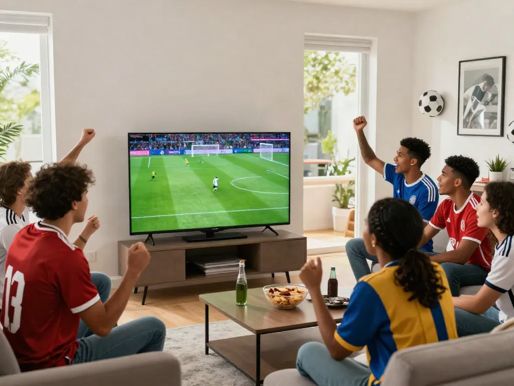 Gà vàng tv viewers enjoying a lively football match in a modern living room with friends.