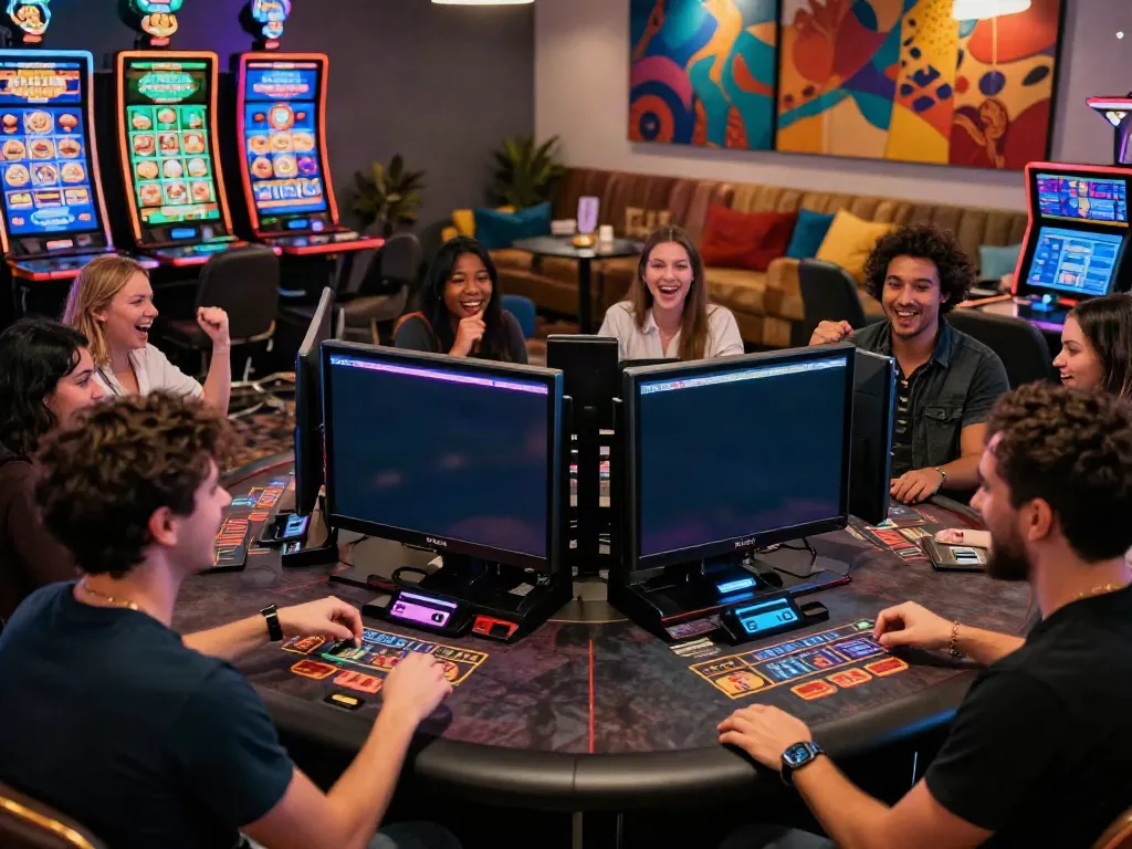 Exciting gaming atmosphere at online casinos that accept credit card with friends cheering around screens.
