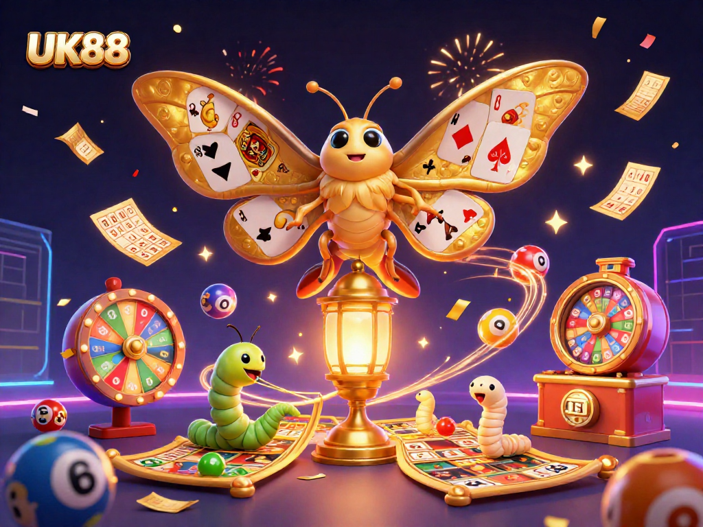 Engage with the UK88 lottery excitement through a vibrant illustration of dynamic casino elements.
