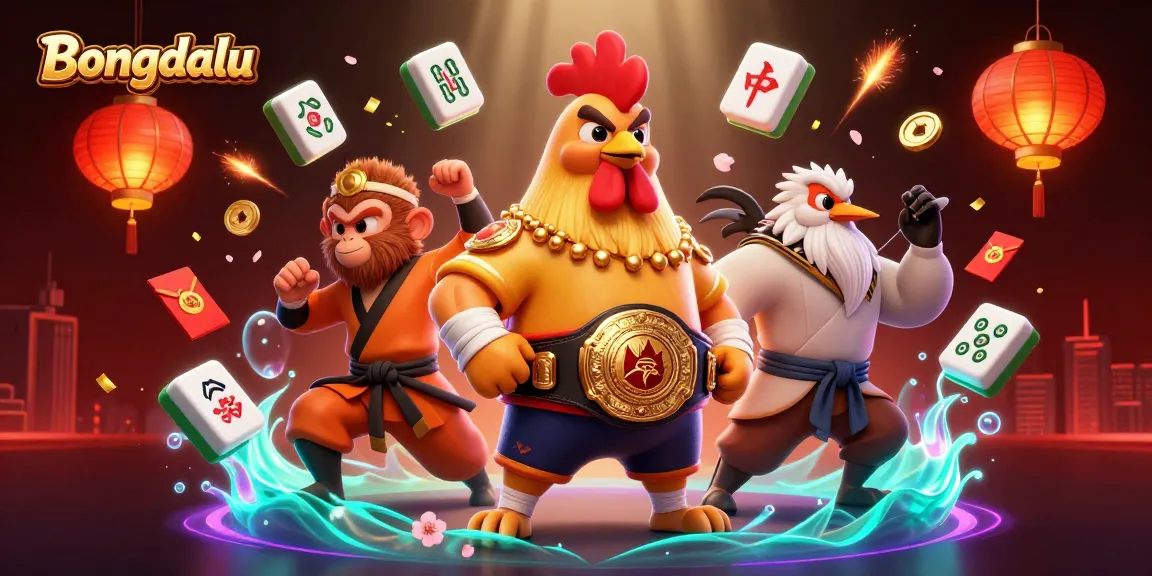 Bongdalu showcases a thrilling scene with character interactions among a Muay Thai rooster, Shaolin monkey, and wise crane amidst vibrant gambling elements.
