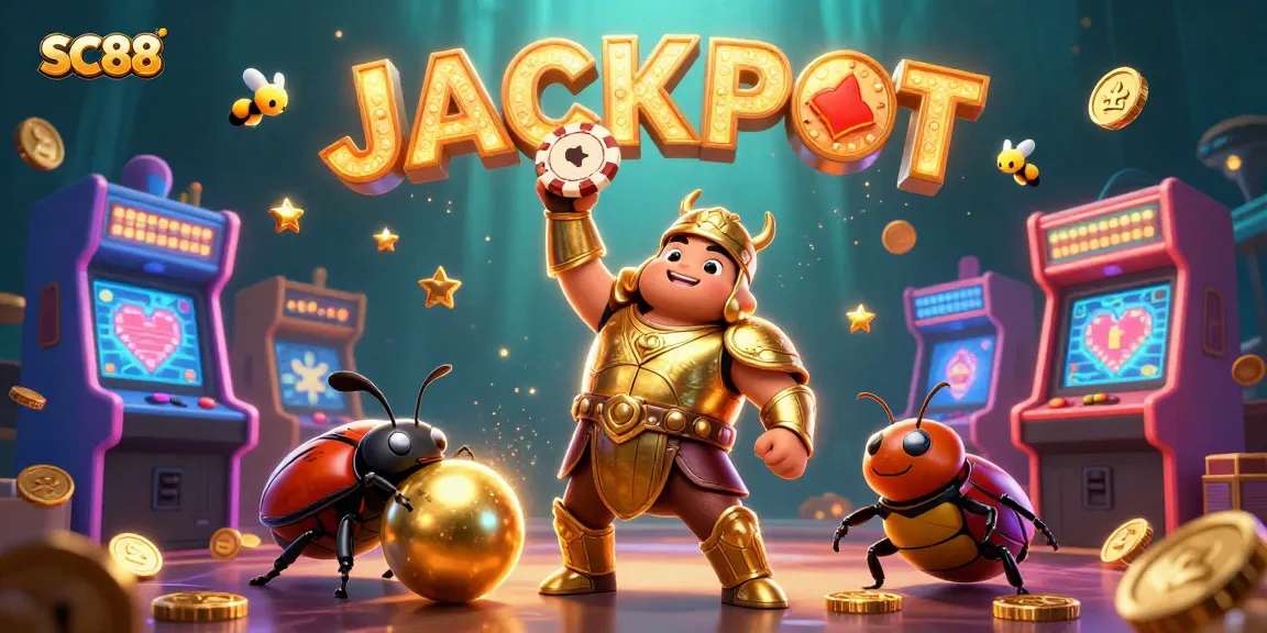 Embrace thrilling SC88 action with beetle champions lifting a poker chip amidst vibrant casino elements.