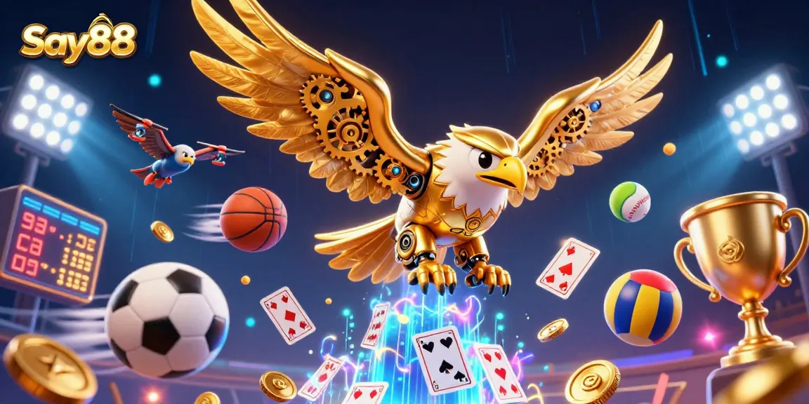 Experience the thrilling action at Say88 with a dynamic scene featuring a cybernetic eagle and gambling elements.