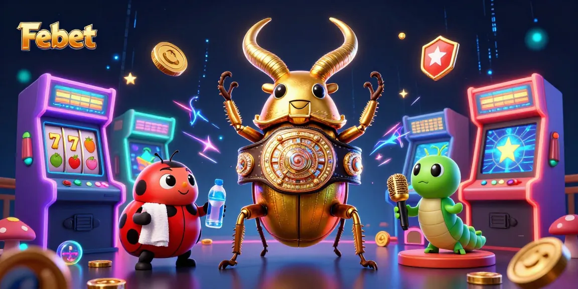 Febet offers an exciting online gambling experience with a casino-themed illustration featuring vibrant arcade games.