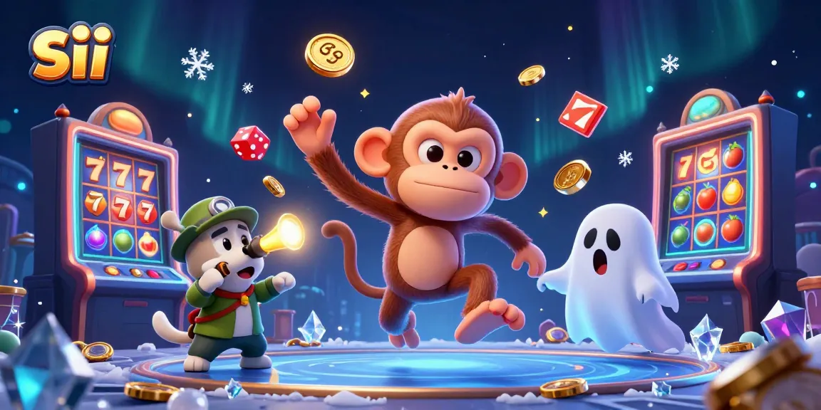 Engaging scene with the mischievous poltergeist monkey juggling at a haunted casino, promoting sii's gaming adventures.