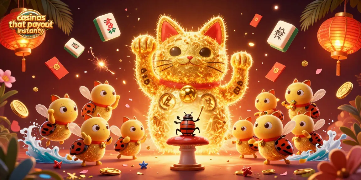 Experience casinos that payout instantly with vibrant imagery of lucky symbols and fireworks.