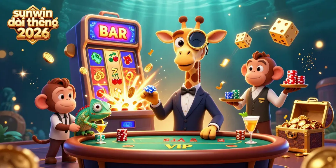 Experience sunwin đổi thưởng 2026 in this vibrant 3D illustration showcasing a lively casino atmosphere with dynamic characters and game elements.