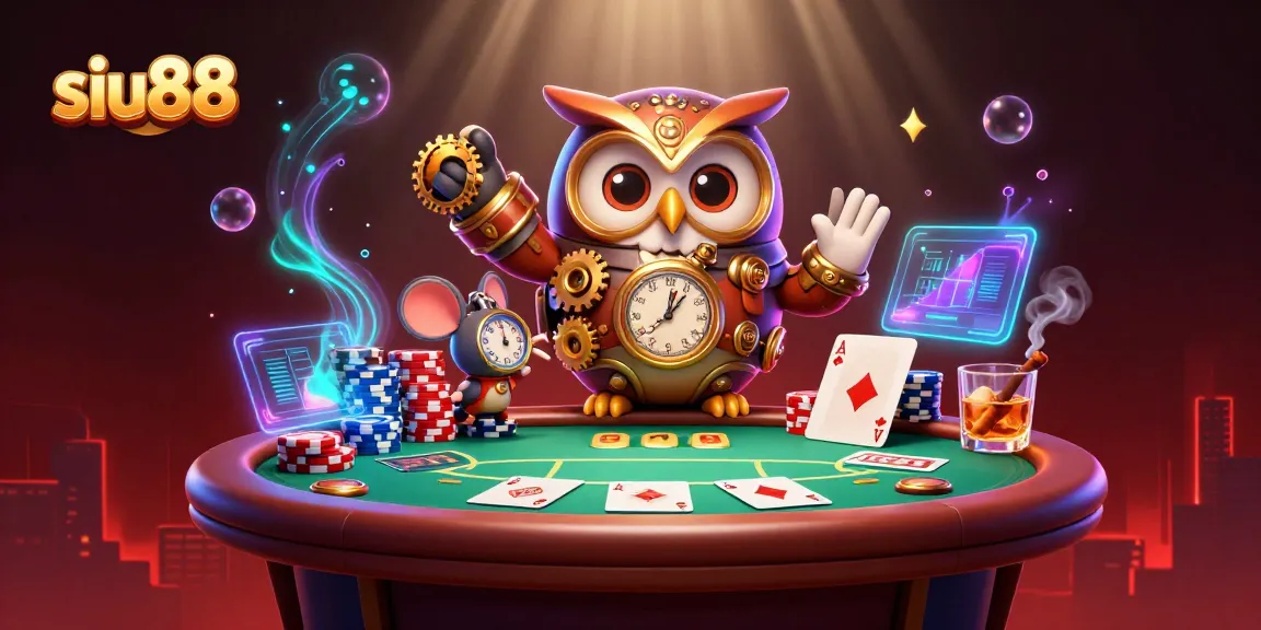 Siu88 showcases a lively 3D casino scene with a time-traveling owl and clockwork mouse amid vibrant poker action.
