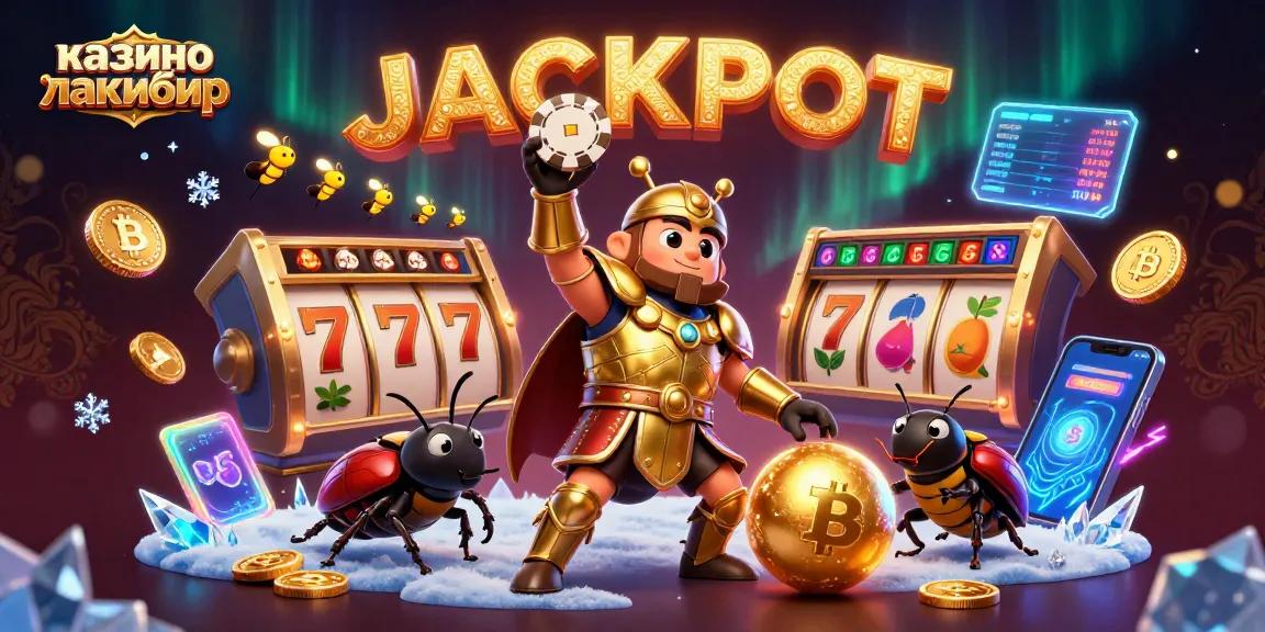 Engage in excitement at казино лакибир with a victorious beetle, bitcoin coins, and a jackpot theme.