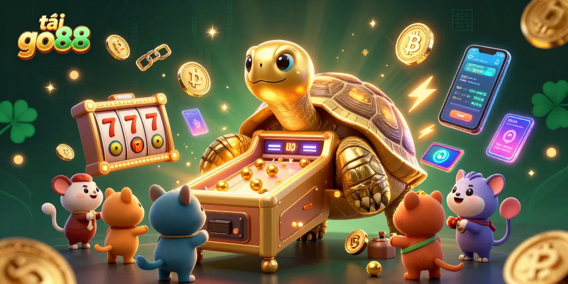 Experience fun gaming at tải go88 with a 3D golden tortoise and vibrant casino elements.